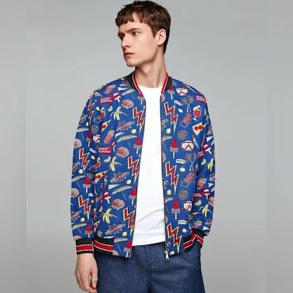 Zara Men’s Jacquard Blue Junk Food Graphic Bomber Jacket size large